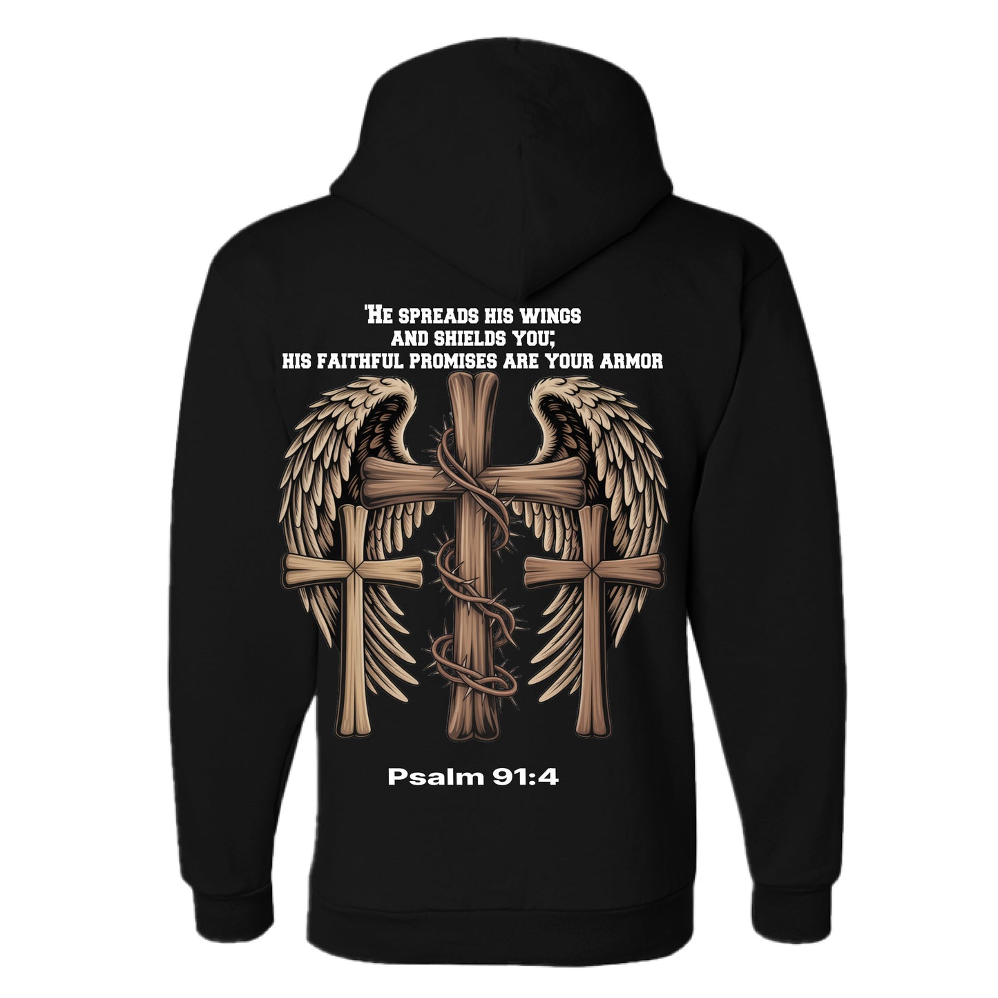 BLACK - BACK “Divine Faith Armor Collection 3 Crosses Angel Wings Christian T-Shirt with wooden crosses, crown of thorns, and radiant angel wings design”