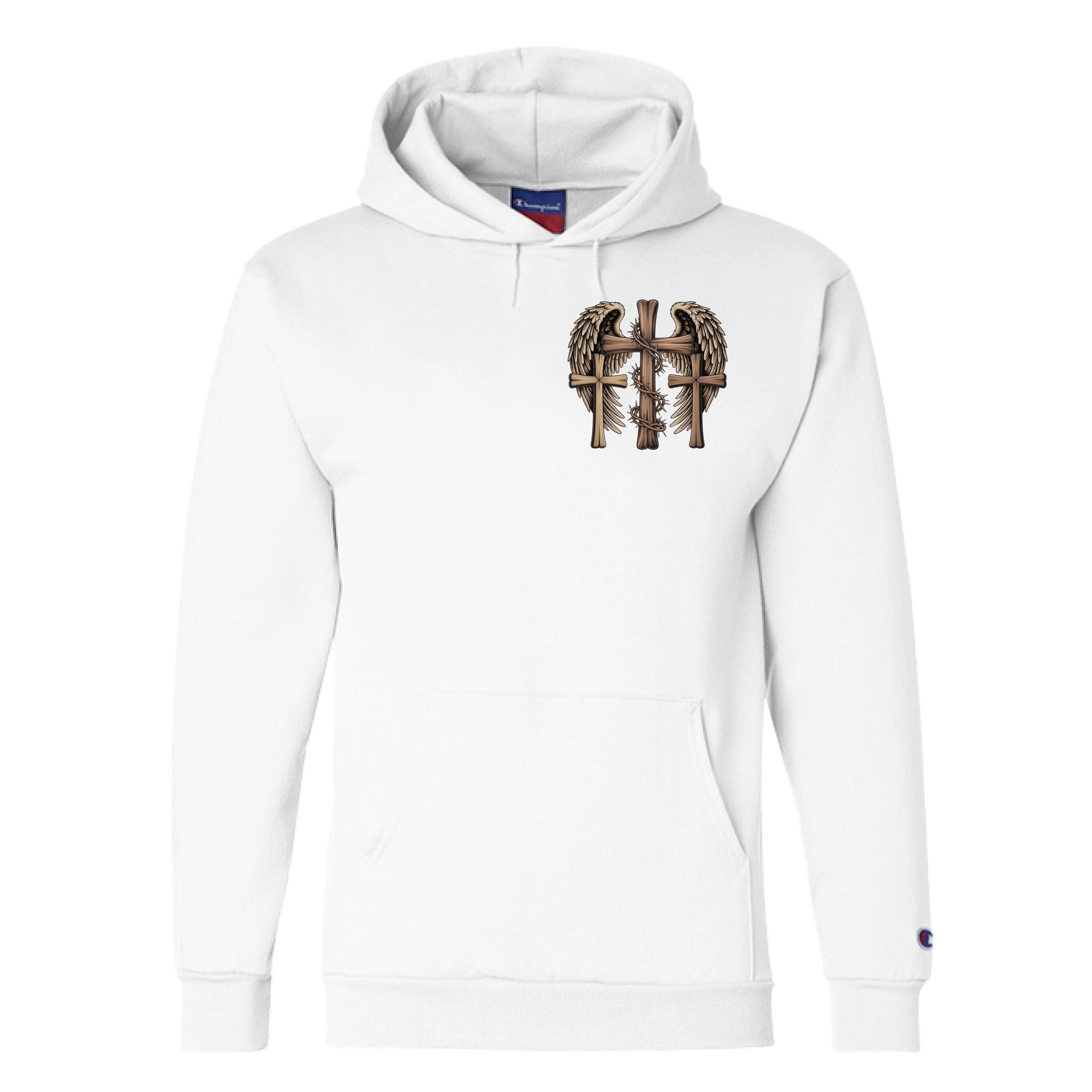 WHITE - FRONT Divine Faith Armor™ 3 Crosses Angel Wings Christian T-Shirt – detailed cross and angel wings design for worship, church, faith-based streetwear, and gifts.