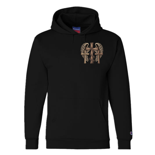 BLACK - FRONT “Divine Faith Armor Collection 3 Crosses Angel Wings Christian T-Shirt with wooden crosses, crown of thorns, and radiant angel wings design”