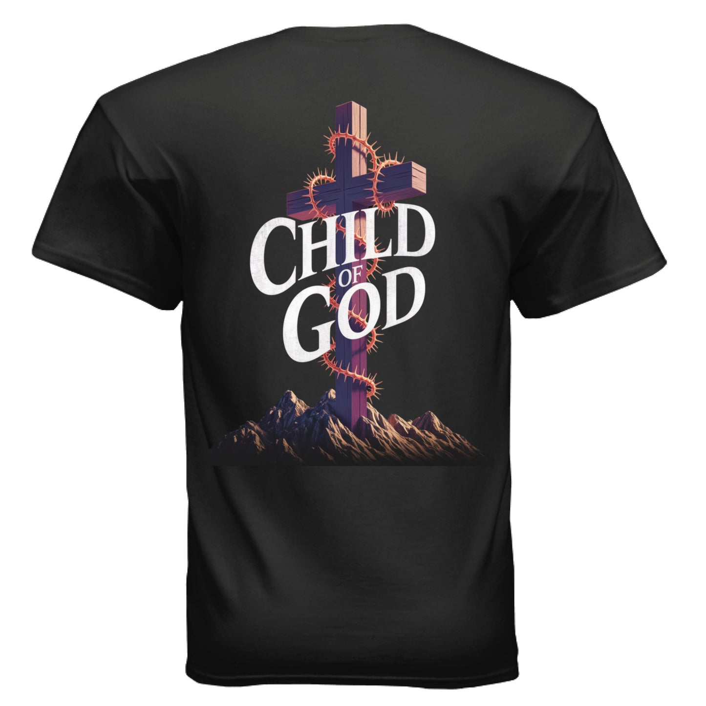 "Christian apparel artwork of cross with thorns and powerful CHILD OF GOD statement – Divine Faith7:14 Armor Collection"