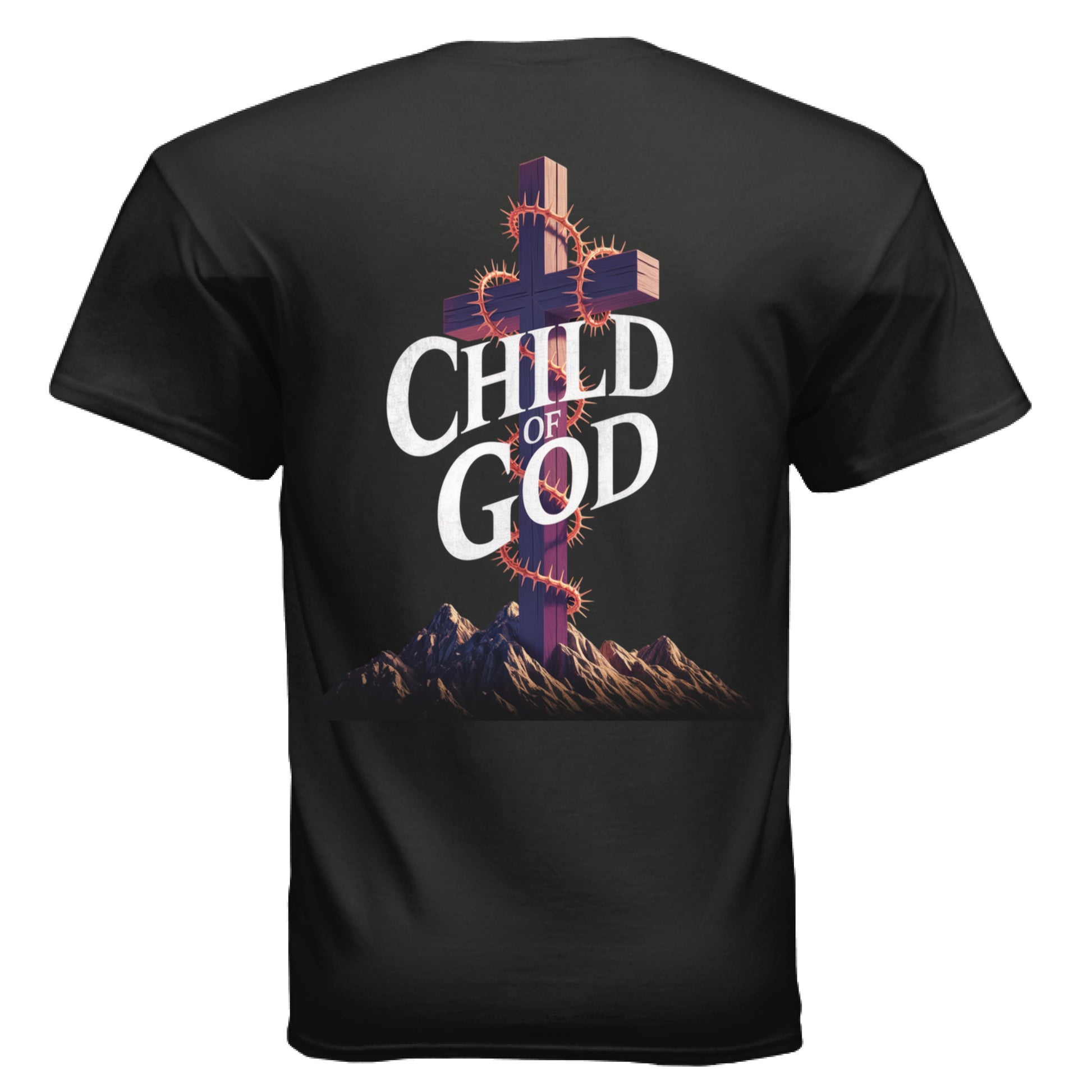"Christian apparel artwork of cross with thorns and powerful CHILD OF GOD statement – Divine Faith7:14 Armor Collection"