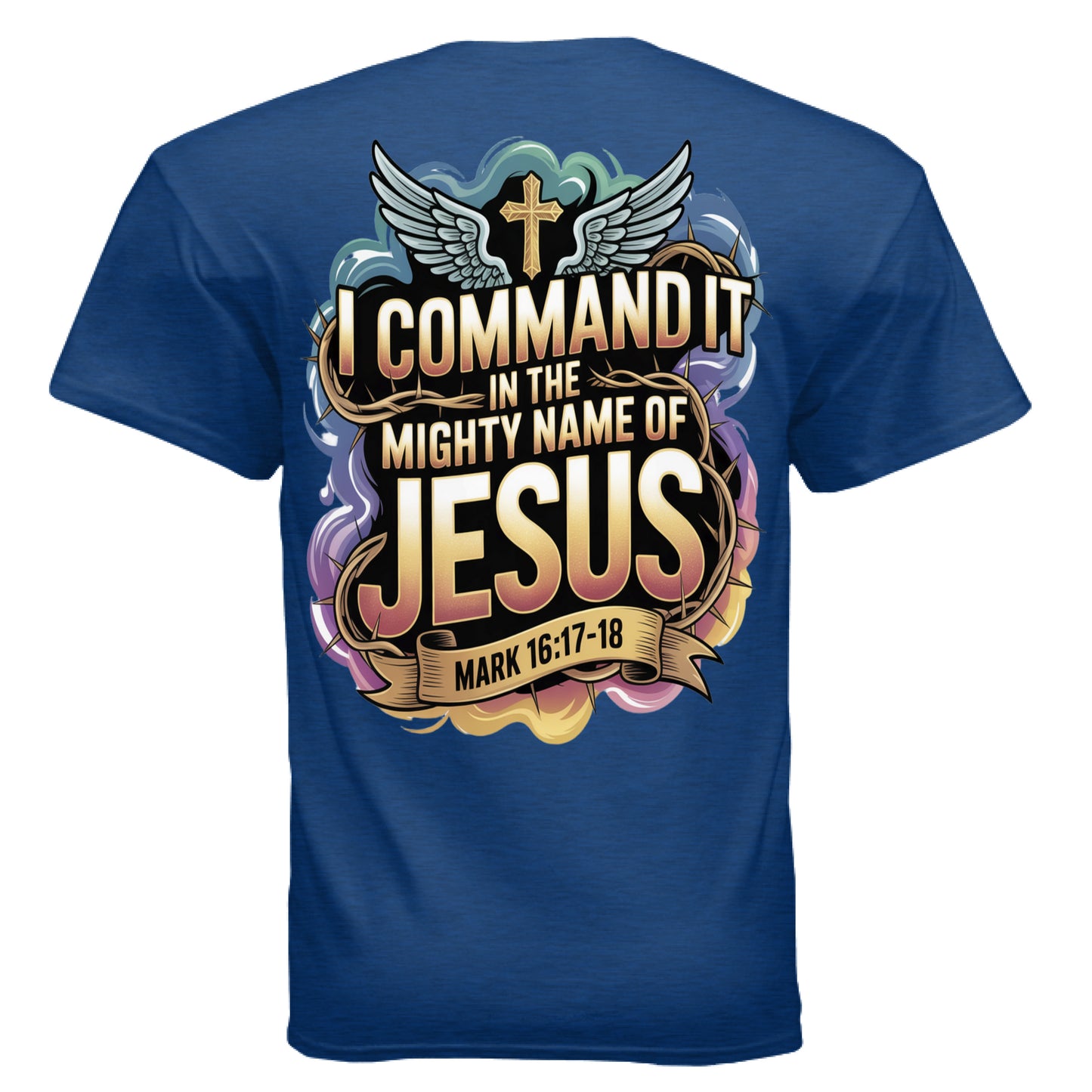 "Back of Divine Faith Armor™ scripture shirt featuring glowing Christian design with angel wings, golden cross, and Bible verse Mark 16:17-18."
ANTIQUE ROYAL - BACK