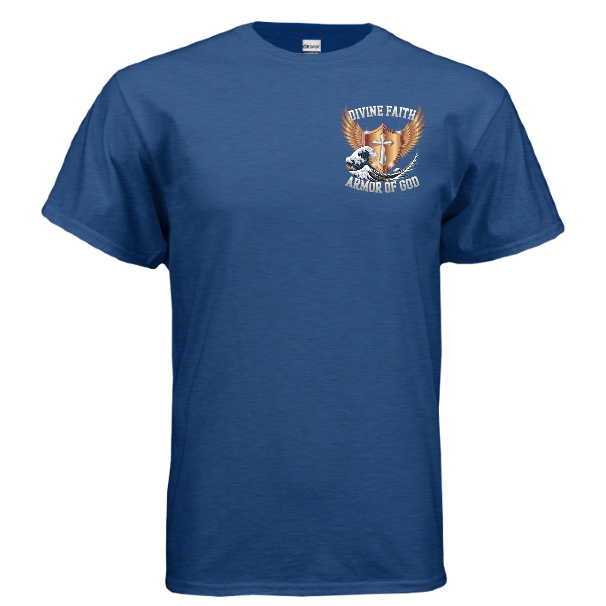 "Close-up detail of Divine Faith Armor™ faith shirt — bold glowing lettering ‘I COMMAND IT IN THE MIGHTY NAME OF JESUS’ with angel wings and cross artwork." ANTIQUE ROYAL -