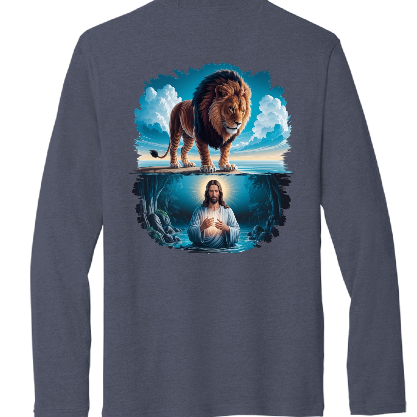 "Back view of Divine Faith Armor™ long sleeve shirt with lion gazing over Jesus in water reflection – powerful Christian design with scripture theme."
 - BACK