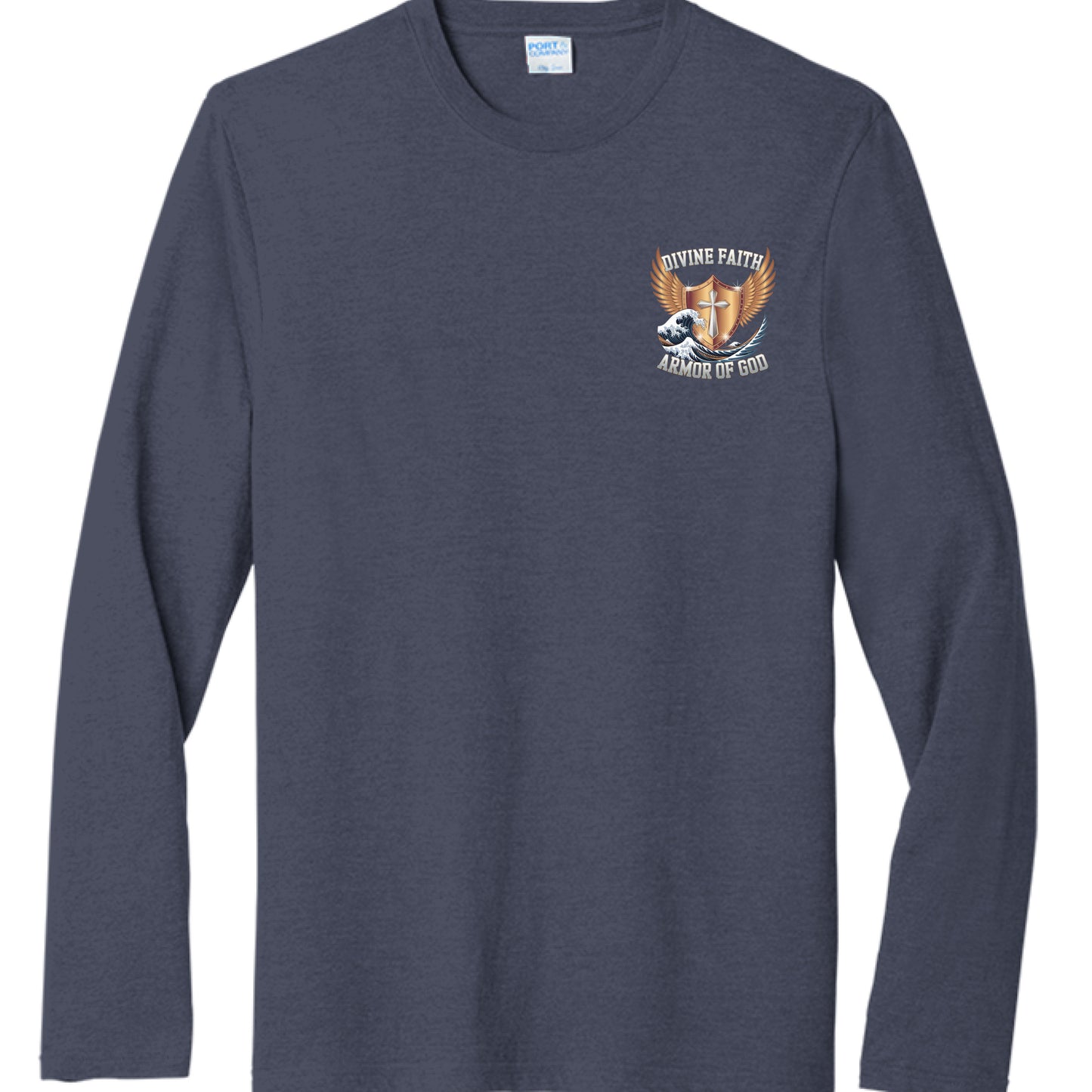 "Divine Faith Armor™ long sleeve shirt featuring a majestic lion overlooking Jesus in the water reflection – bold Christian apparel with Revelation theme." Front View