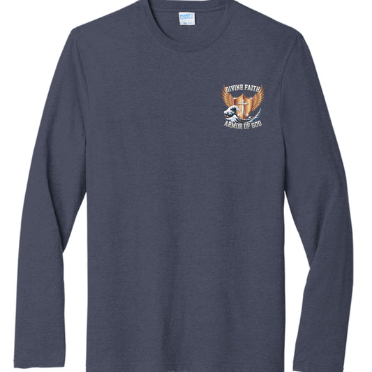 "Divine Faith Armor™ long sleeve shirt featuring a majestic lion overlooking Jesus in the water reflection – bold Christian apparel with Revelation theme." Front View