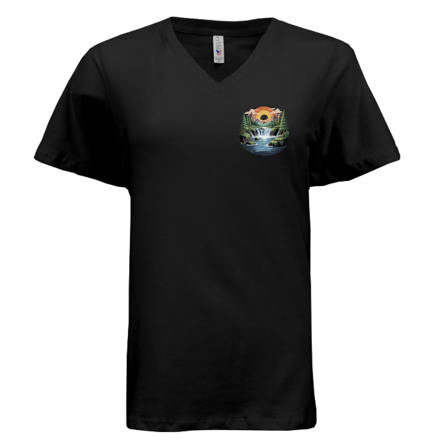 “Divine Faith Armor™ Mountain Sunset Tee featuring a small logo-style design of mountains, glowing sunset, waterfall, and pine trees on the front chest, Christian faith-inspired apparel.”