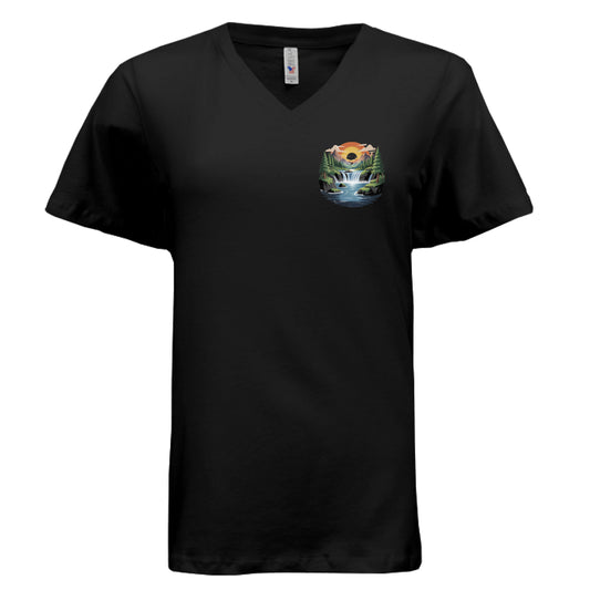 “Divine Faith Armor™ Mountain Sunset Tee featuring a small logo-style design of mountains, glowing sunset, waterfall, and pine trees on the front chest, Christian faith-inspired apparel.”