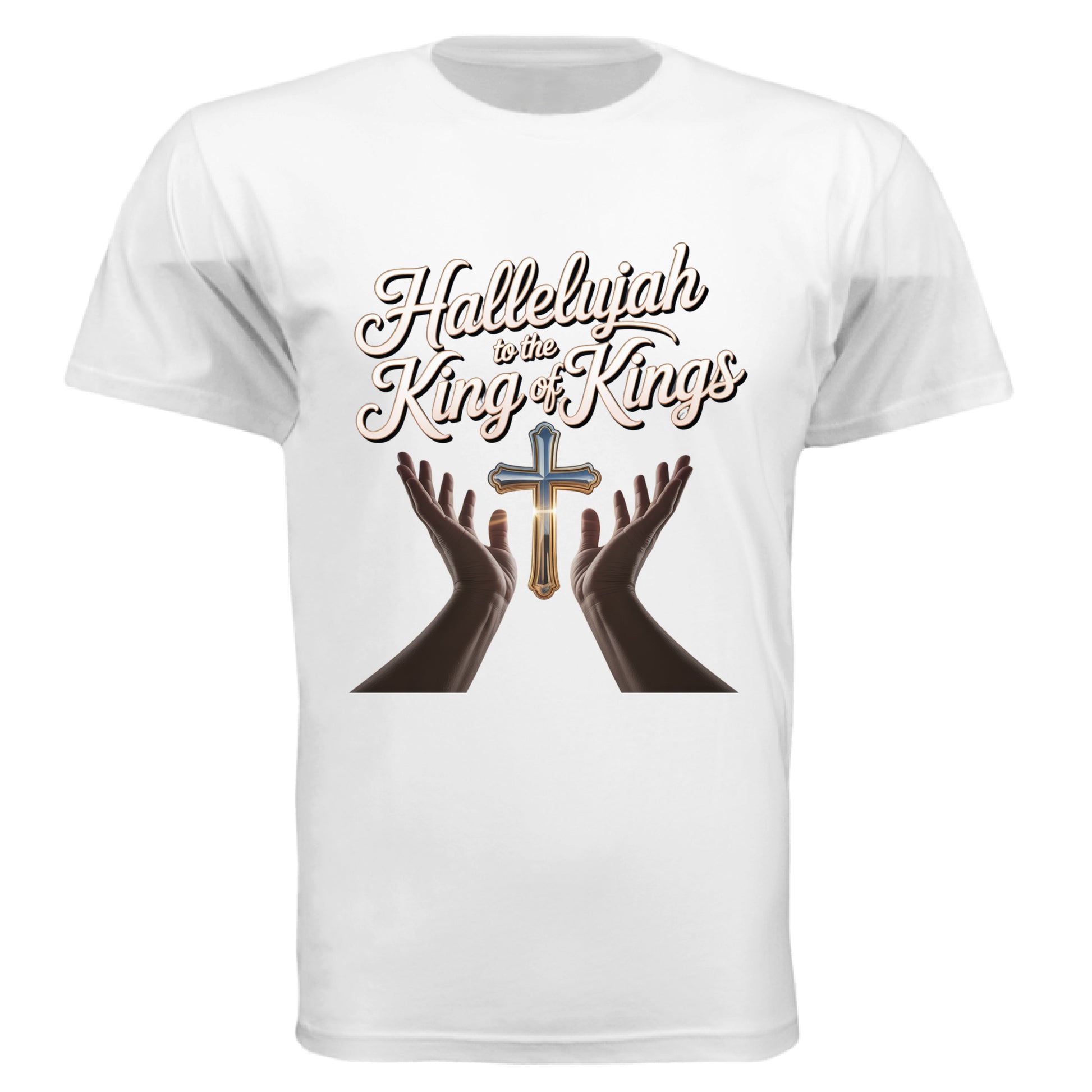 “Hallelujah to the King of Kings Christian T-shirt with shadowed hands raised to sunny clouds, glowing cross, and Divine Faith Armor branding.” White - FRONT