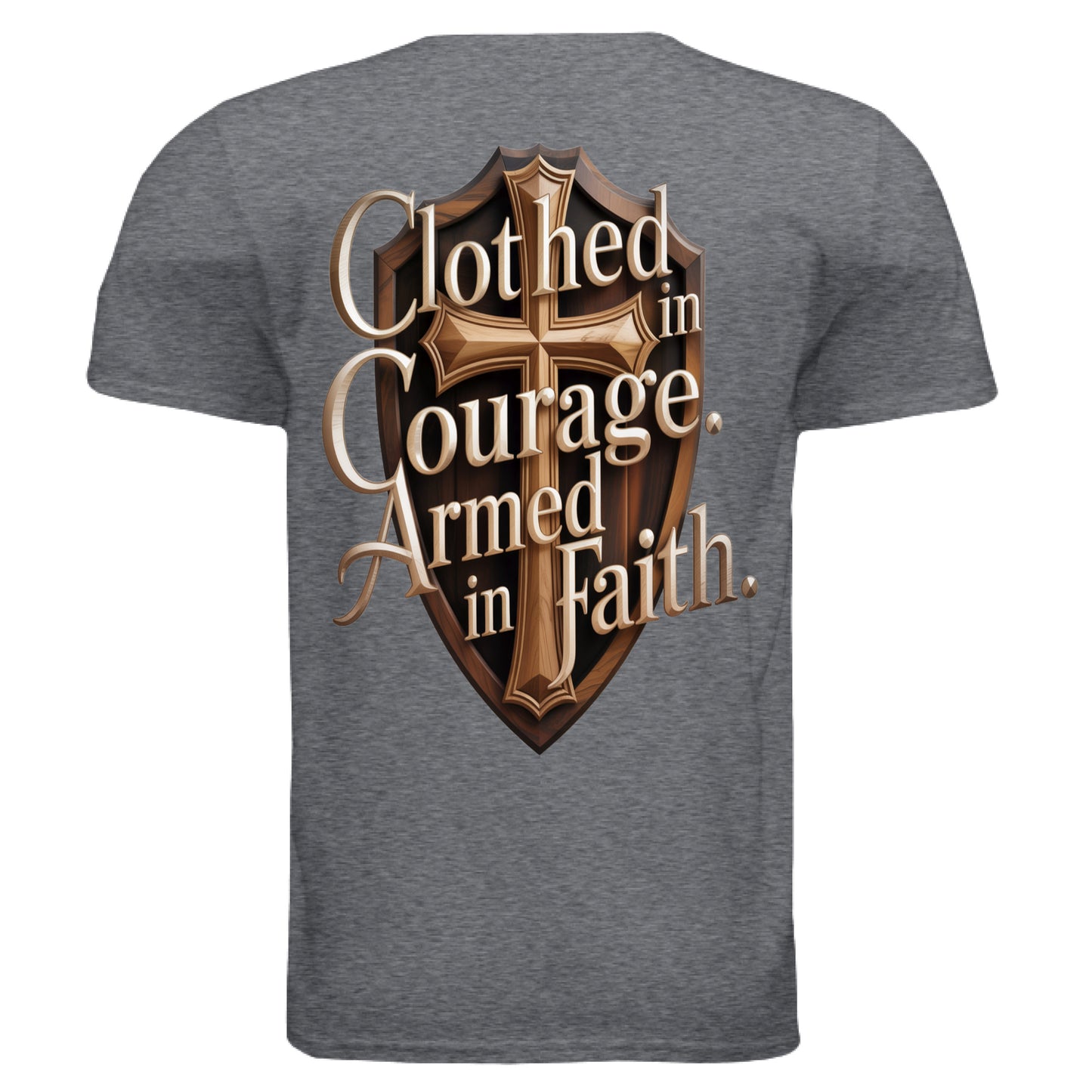 “Clothed in Courage Armed in Faith Christian T-shirt – bold faith graphic tee by Divine Faith Armor” Dark Heather Grey - BACK