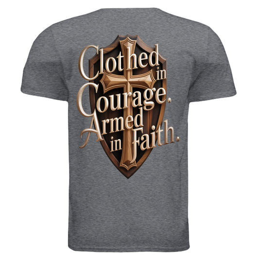 “Clothed in Courage Armed in Faith Christian T-shirt – bold faith graphic tee by Divine Faith Armor” Dark Heather Grey - BACK