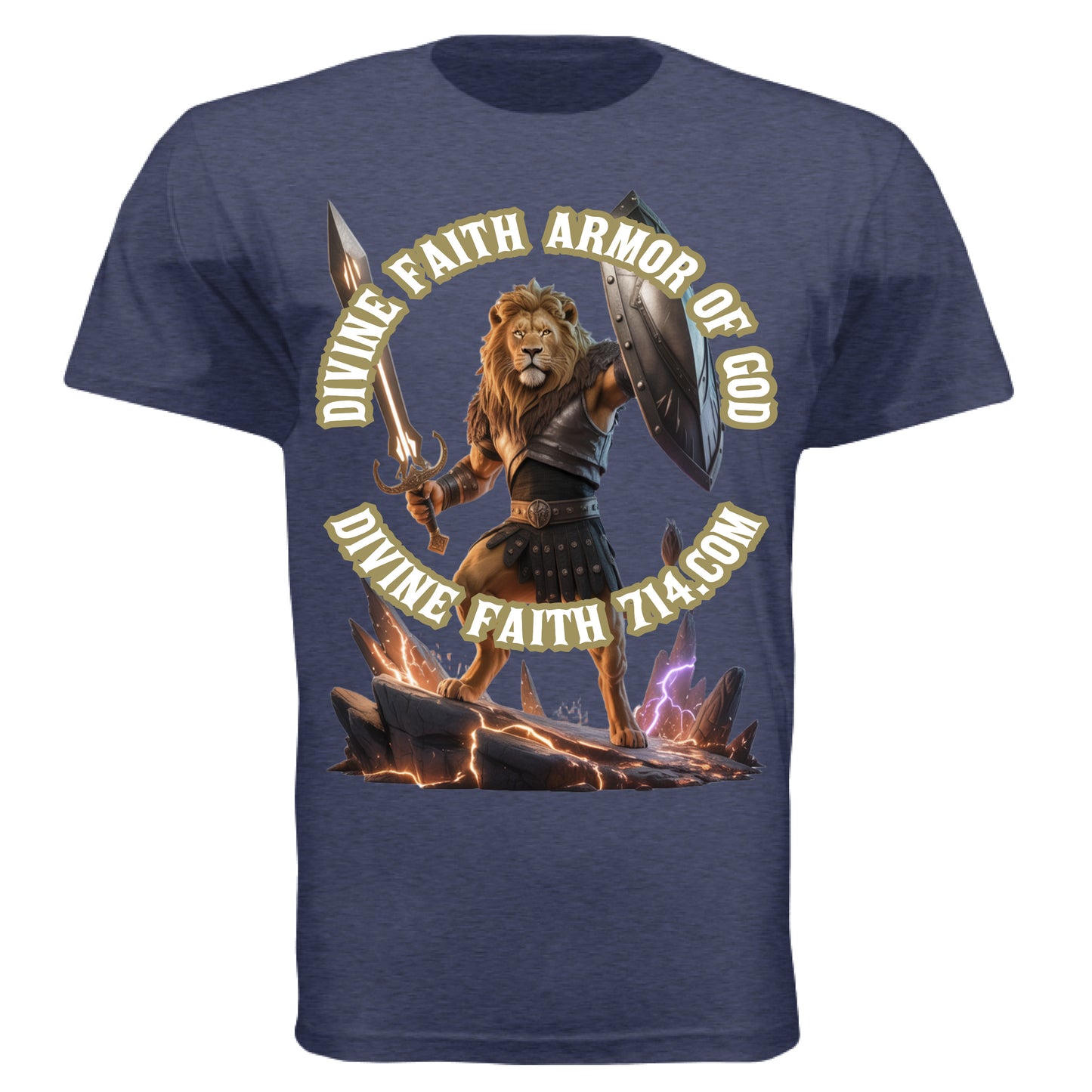 “Divine Faith Armor Lion Warrior T-Shirt with golden lion in black battle armor holding sword and raised shield surrounded by sparks and lightning.Heather Indigo - FRONT