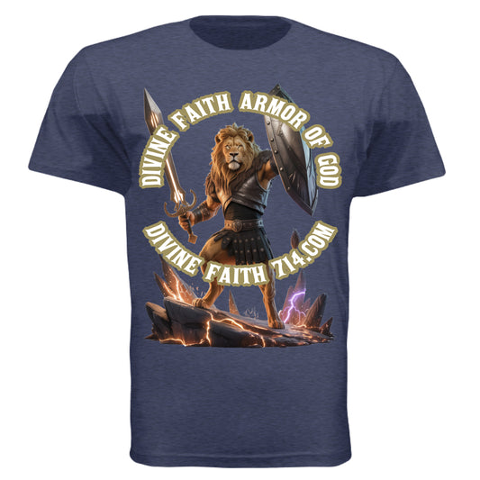 “Divine Faith Armor Lion Warrior T-Shirt with golden lion in black battle armor holding sword and raised shield surrounded by sparks and lightning.Heather Indigo - FRONT