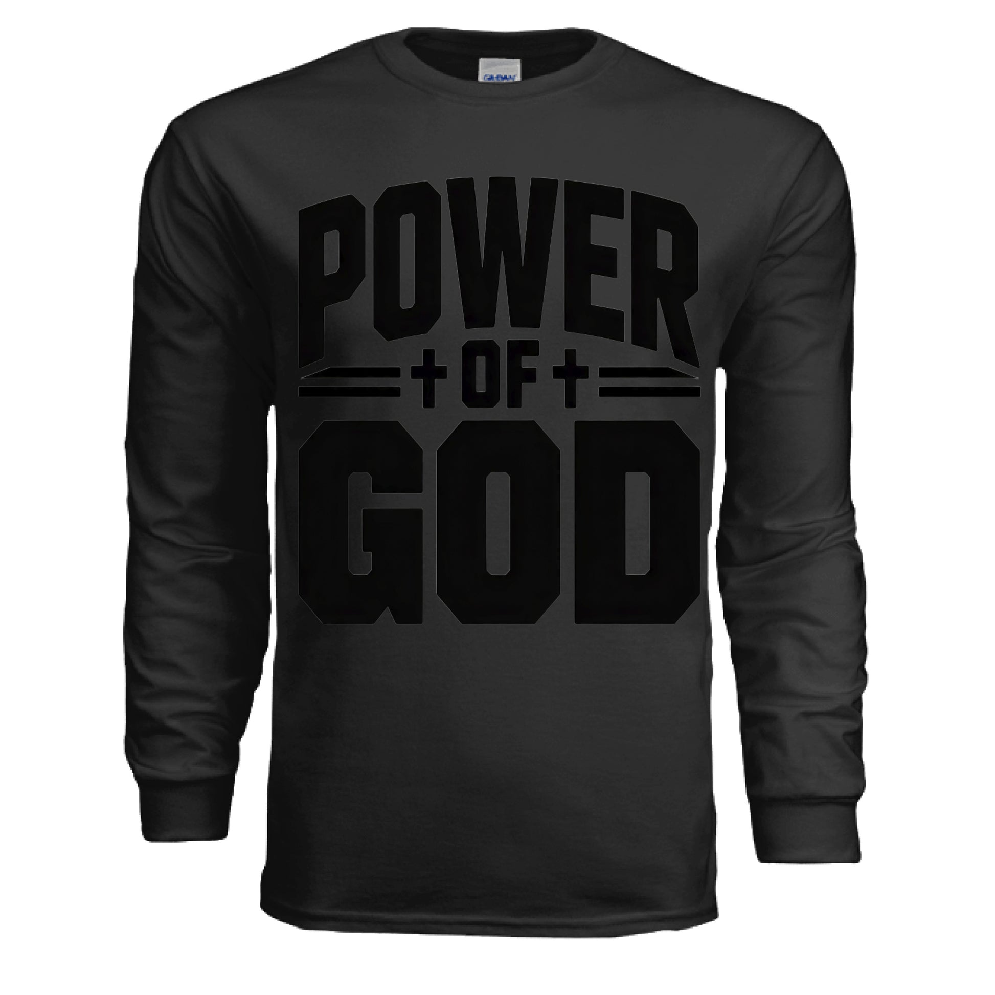 “Divine Faith Armor POWER OF GOD Long-Sleeve T-Shirt with Romans 1:16 sleeve and ‘For I am not ashamed of the Gospel of Christ’ on back” BLACK - FRONT