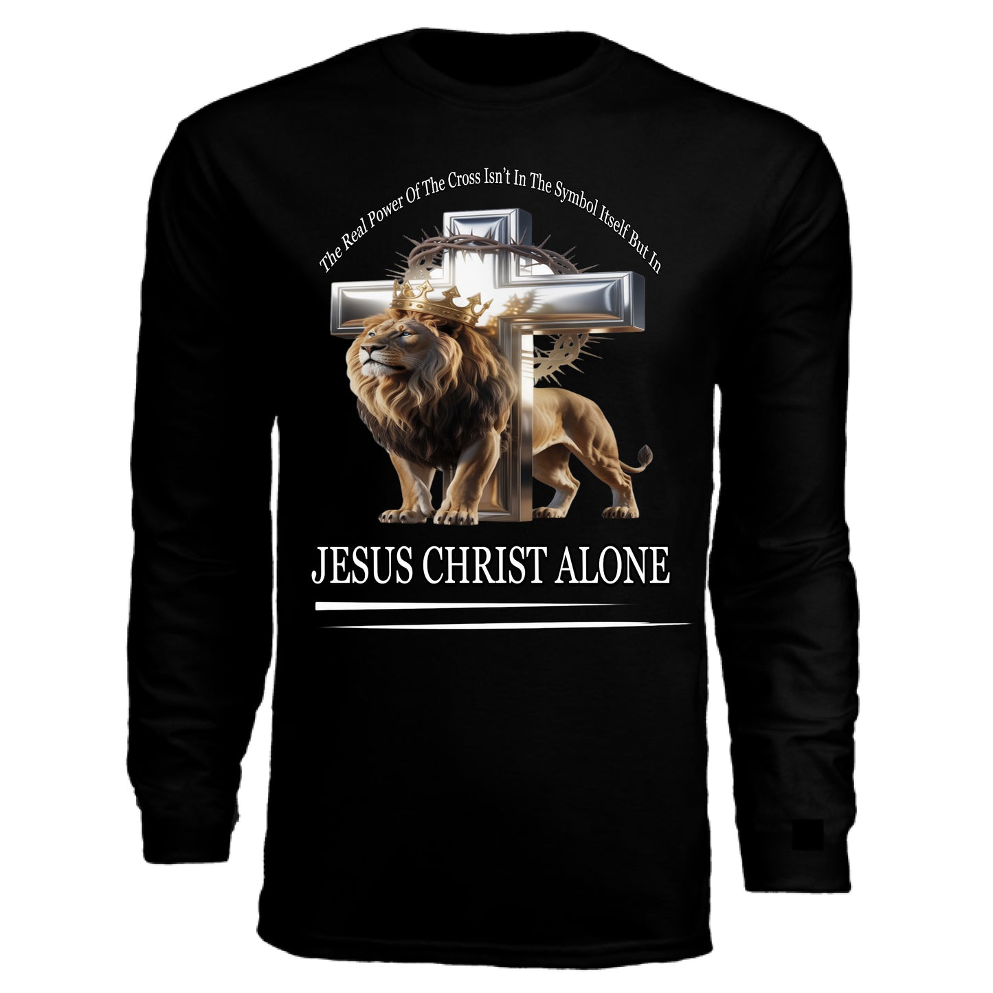 Realistic lion standing in front of an upright Christian Templar cross wrapped in thorns with a golden crown on top, glowing divine light and soft mist, inspirational Christian shirt design – Divine Faith Armor BLACK - FRONT