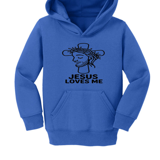 “Jesus Loves Me Kids Christian T-Shirt by Divine Faith Armor — mirror image of Jesus Christ’s face in a thorn-wrapped cross with text ‘Jesus Loves Me.’”Royal - FRONT