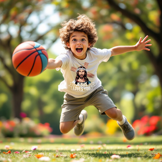 “Divine Faith Armor™ Youth Jesus Loves You Christian T-Shirt with heart script design for kids” Child playing with a basketball in a park